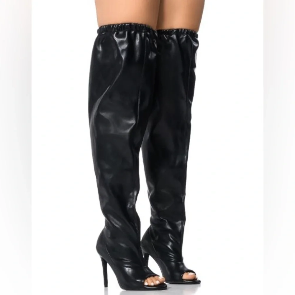 AZALEA WANG Black Leather Open Toe Slouchy Thigh Boots
